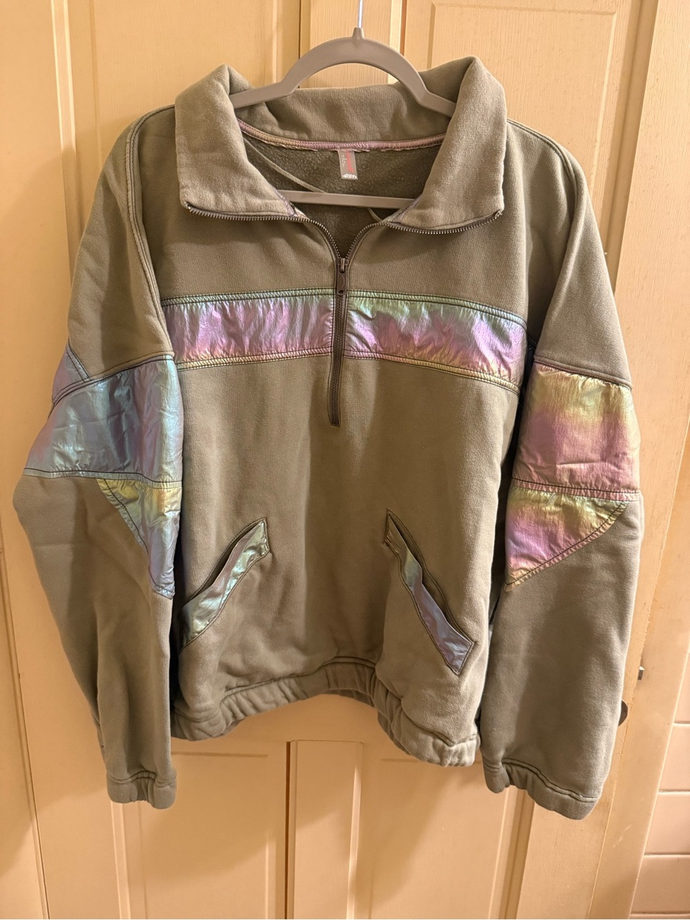 Free People Olive Pullover Quarter-Zip Sweatshirt with Iridescent Panels